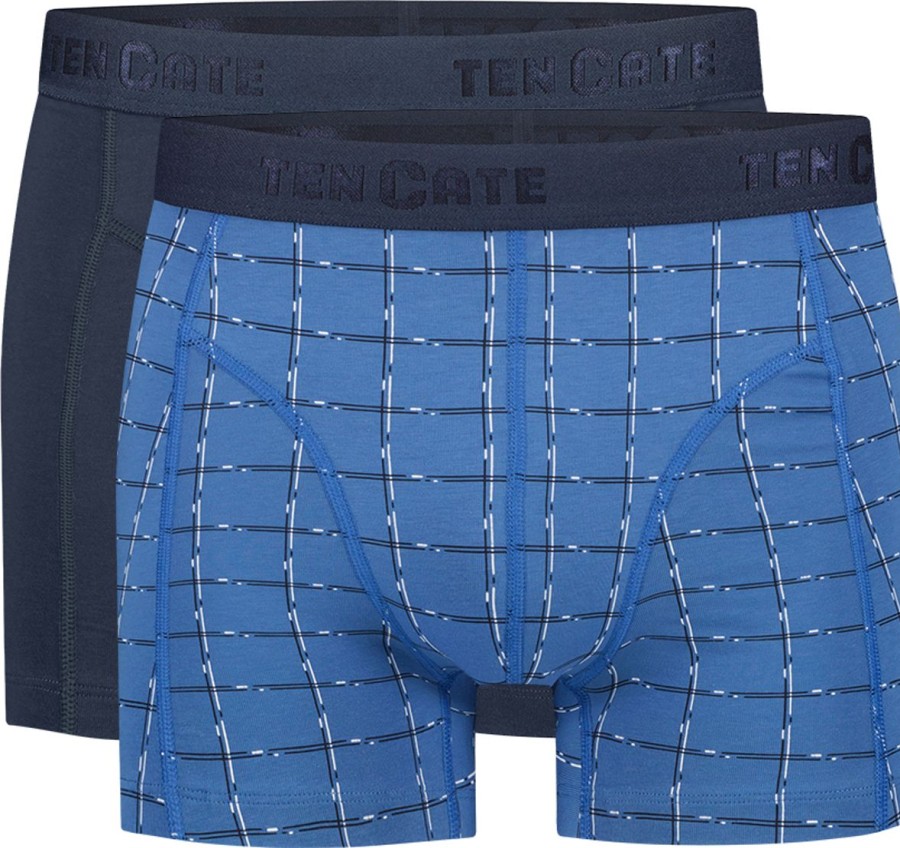 Heren Ten Cate Boxershorts | Ten Cate Heren 2-Pack Basic Short Check Blue 3217