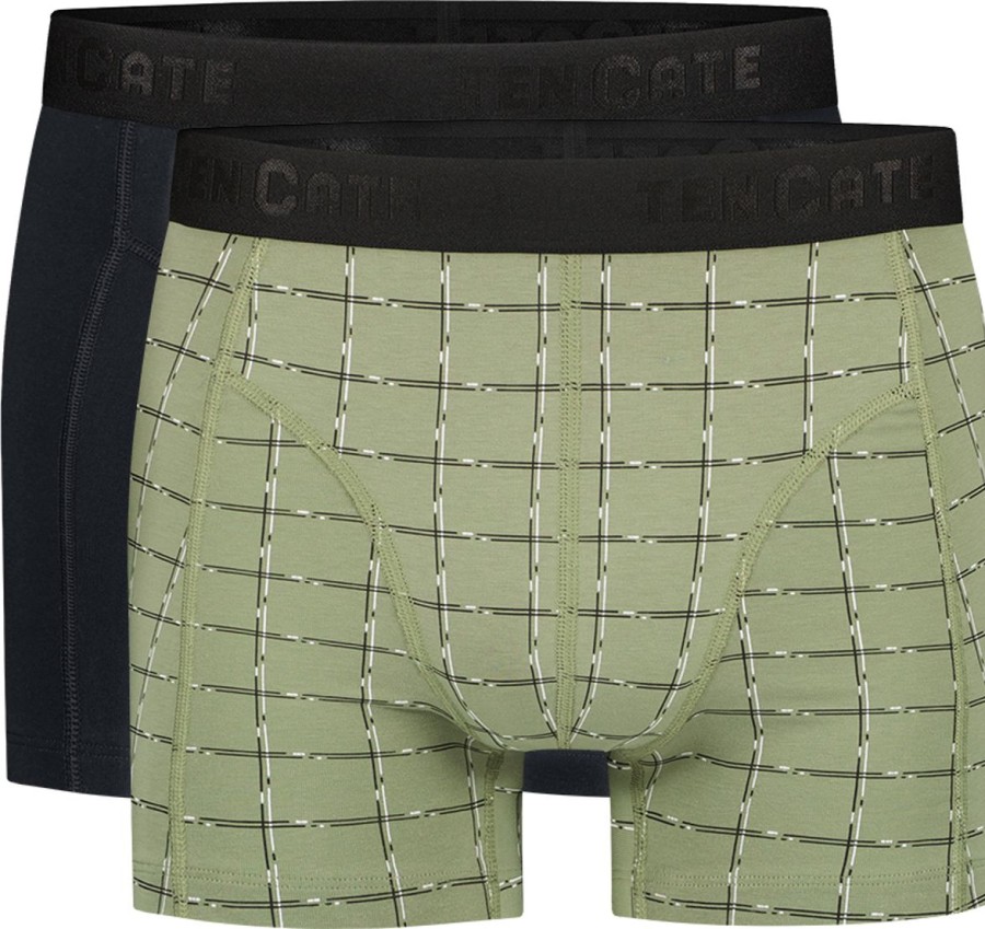 Heren Ten Cate Boxershorts | Ten Cate Heren 2-Pack Basic Short Check Green 3218