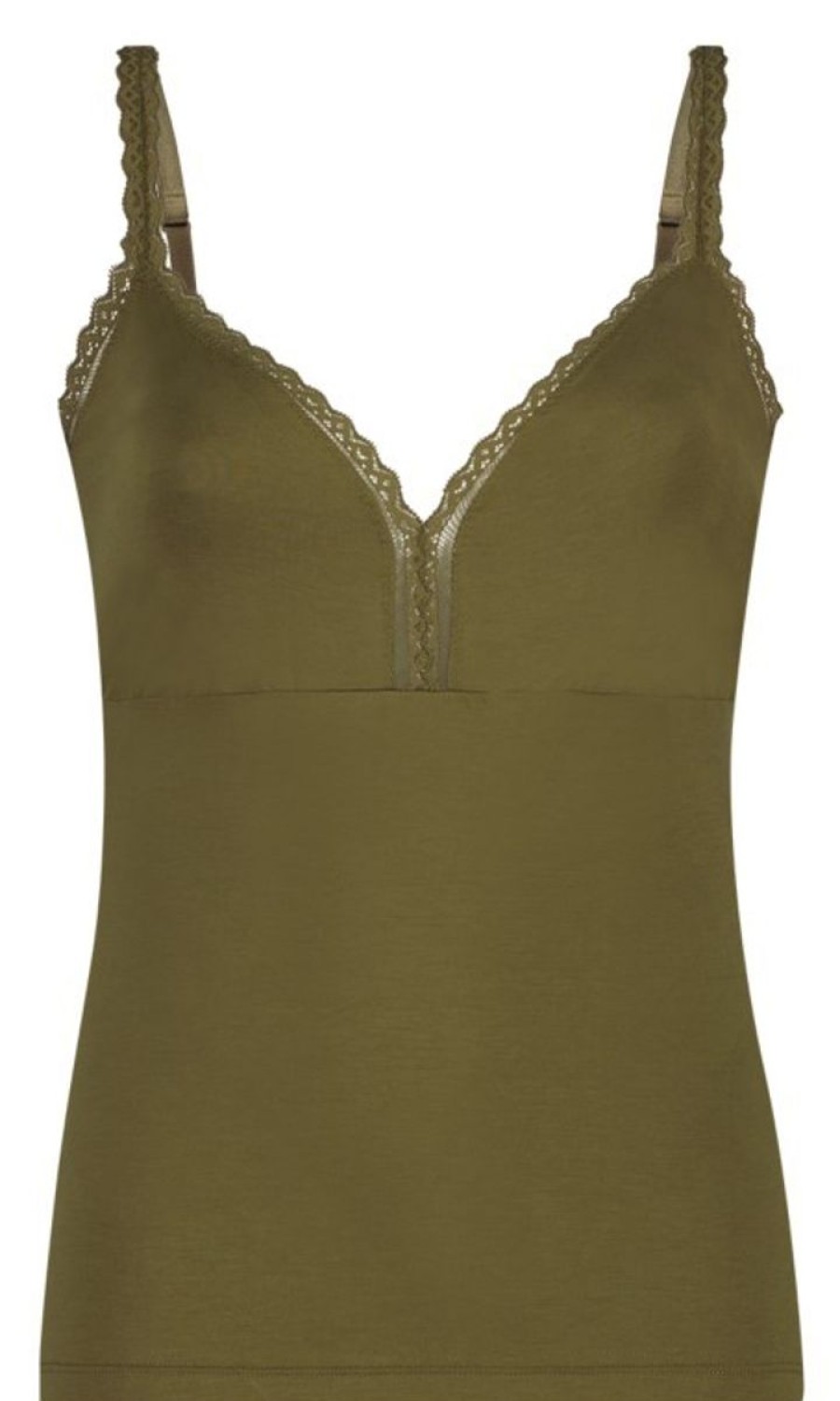 Dames Ten Cate Hemd Met Smalle Bandjes | Ten Cate Dames Secrets Modal Top V-Neck Lace Olive Green 1605